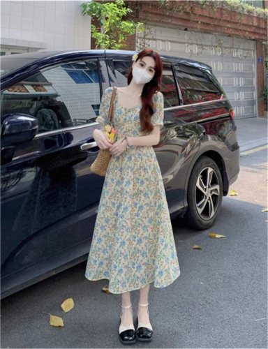 Large size French square collar floral new fat MM slim waist dress summer small fresh A word tea break skirt for women