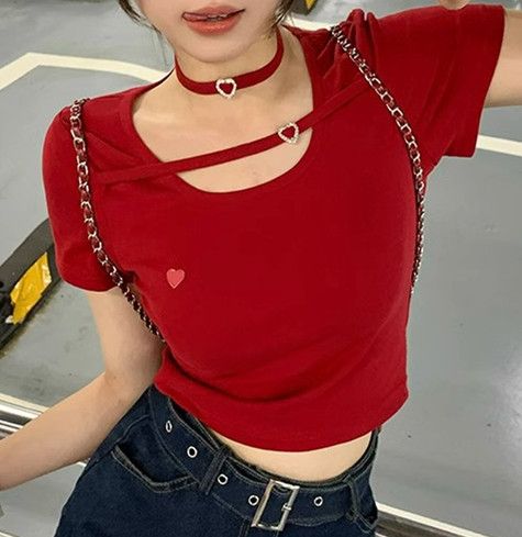 Love design short-sleeved T-shirt women's new slim fit and thin short red top