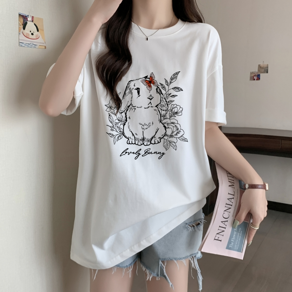 Real shot real price 100% cotton combed cotton printed summer short-sleeved T-shirt women's loose Korean version