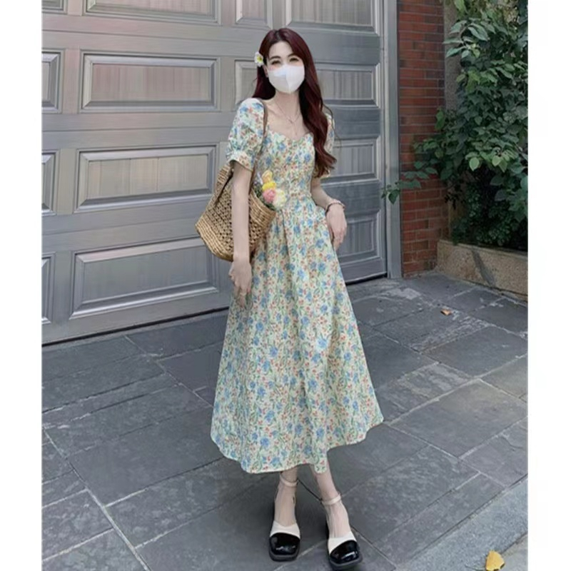 Large size French square collar floral new fat MM slim waist dress summer small fresh A word tea break skirt for women