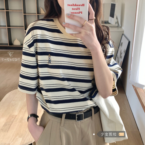 Ice silk bear embroidery striped T-shirt women's summer Korean version loose half-sleeved trendy short-sleeved top