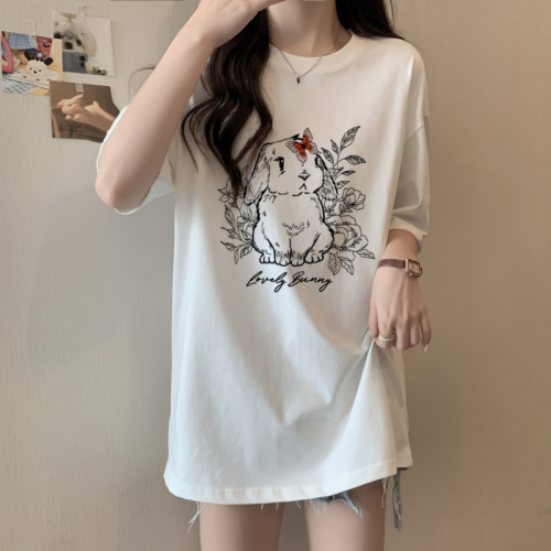 Real shot real price 100% cotton combed cotton printed summer short-sleeved T-shirt women's loose Korean version