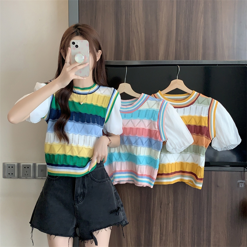 Real shot unabated Korean version of casual summer new striped stitching knitwear short-sleeved women's fake two-piece short top