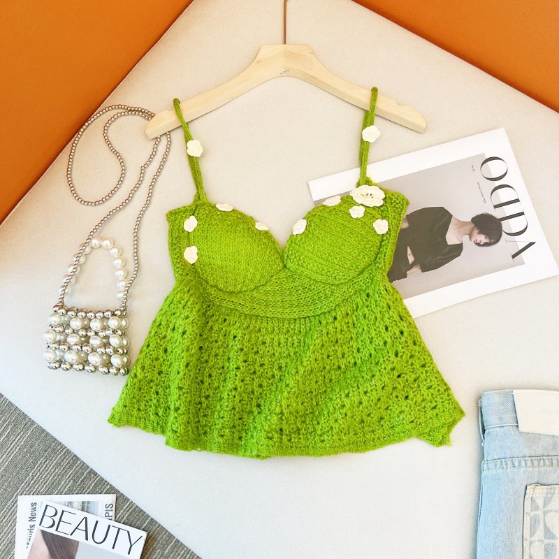 Real price real shot green white three-dimensional flower knitted camisole women's summer short top
