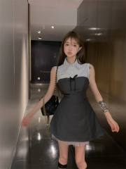 Real shot college style gray suit dress female summer waist sexy temperament hot girl polo shirt skirt