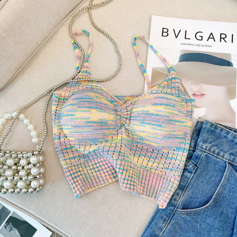 Real price real shot color striped V-neck knitted camisole women's summer with chest pad jacket