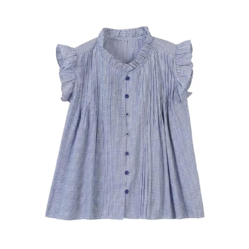 French design sense sweet small flying sleeve white plaid shirt female summer niche sleeveless chic doll shirt top