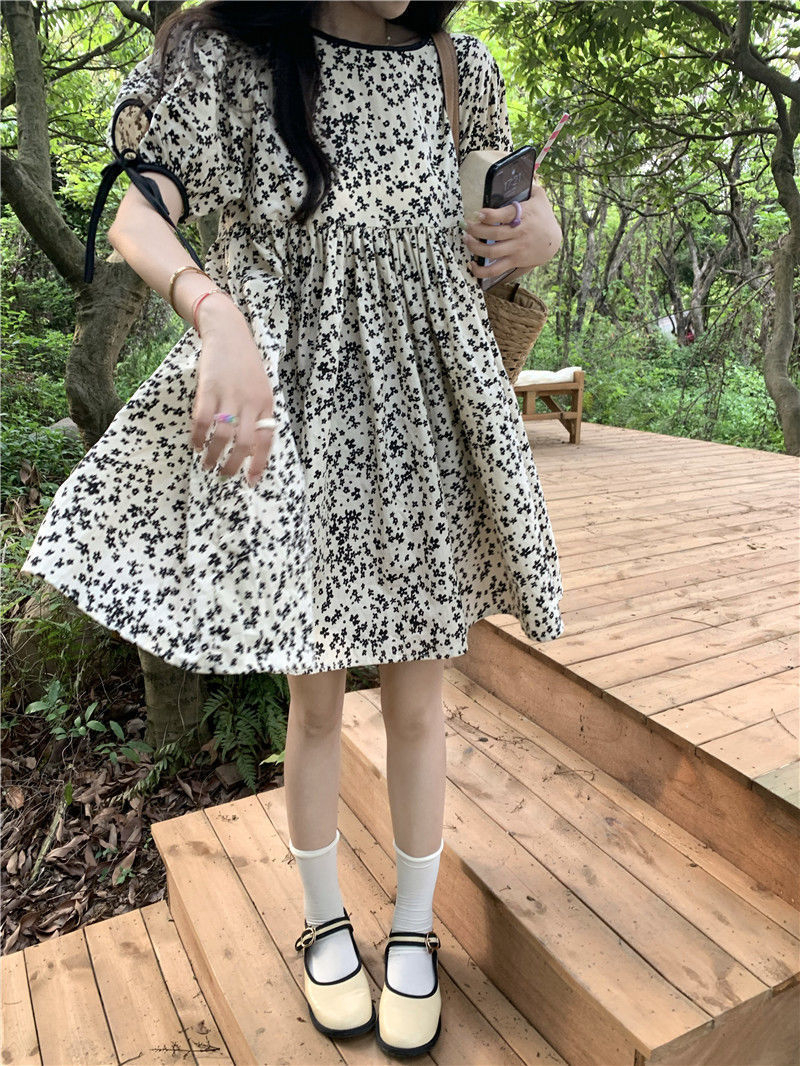 Sweet Mori Puff Sleeve Dress Women Summer 2023 New High Waist Slim Cover Belly Age Reducing Short Sleeve Skirt