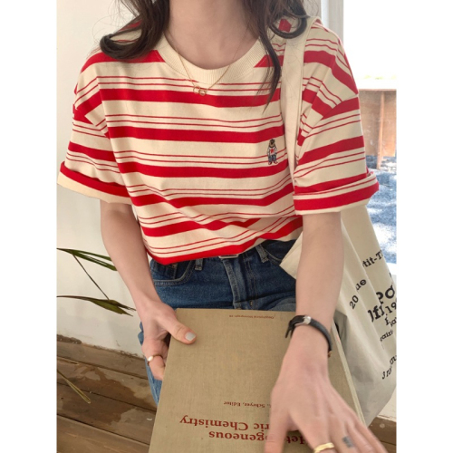 Ice silk bear embroidery striped T-shirt women's summer Korean version loose half-sleeved trendy short-sleeved top