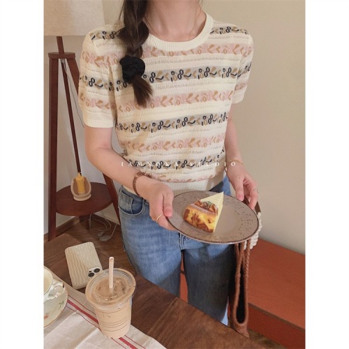 French gentle style summer thin section hollow knitted top women's casual round neck slim fit short sleeves