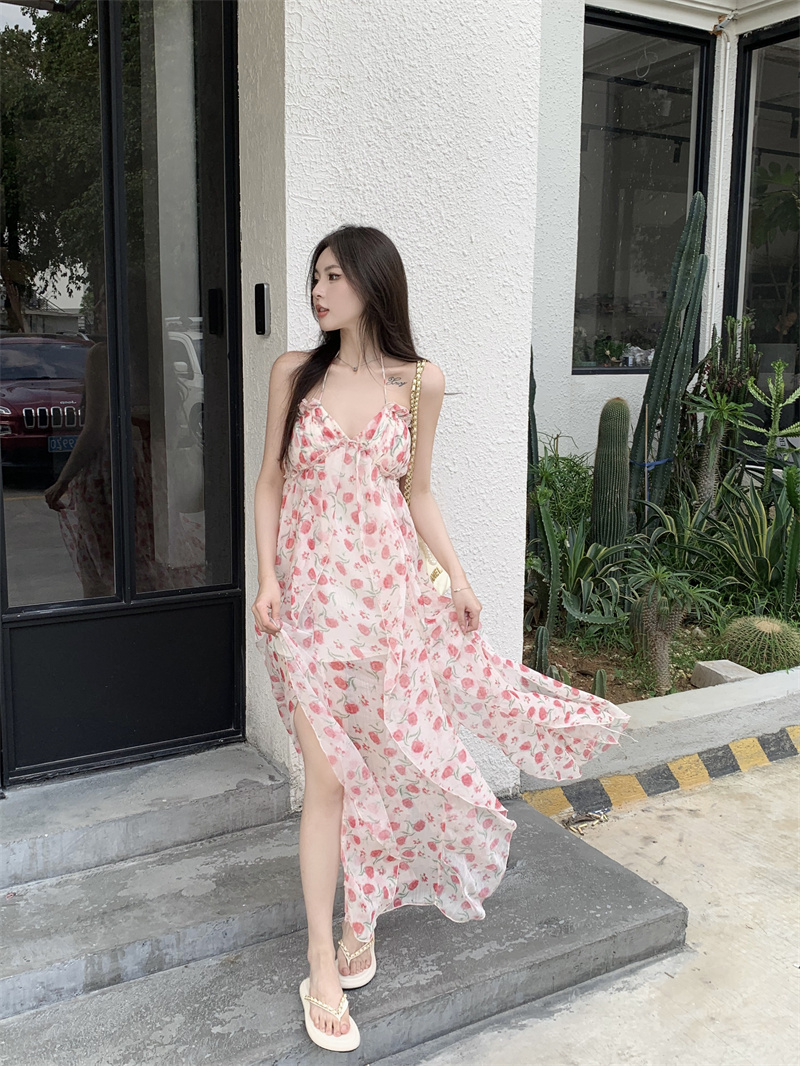 Real price real shot New halter neck floral slit backless dress