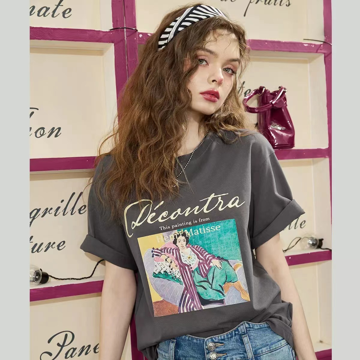 Cotton Rib Collar Back Wrap Collar Dropped Shoulders New T-shirt Versatile Women's Clothing