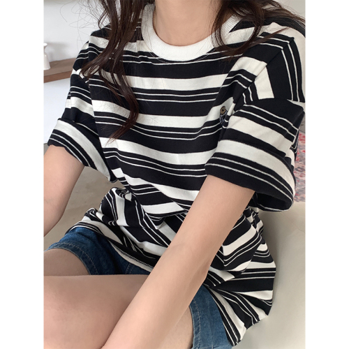 Ice silk bear embroidery striped T-shirt women's summer Korean version loose half-sleeved trendy short-sleeved top