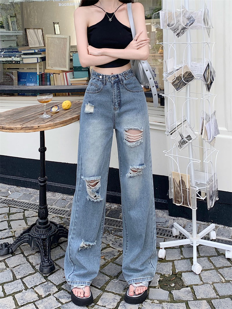High-waisted wide-leg jeans for women, ripped, summer, versatile, nostalgic, slim, straight-leg, loose-fitting floor-length pants