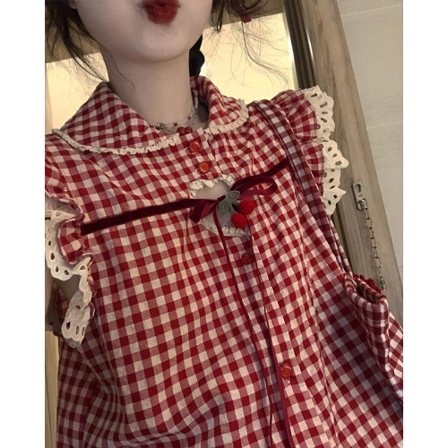 Real price official picture sweet doll collar plaid shirt female summer French sleeveless lace tie shirt female