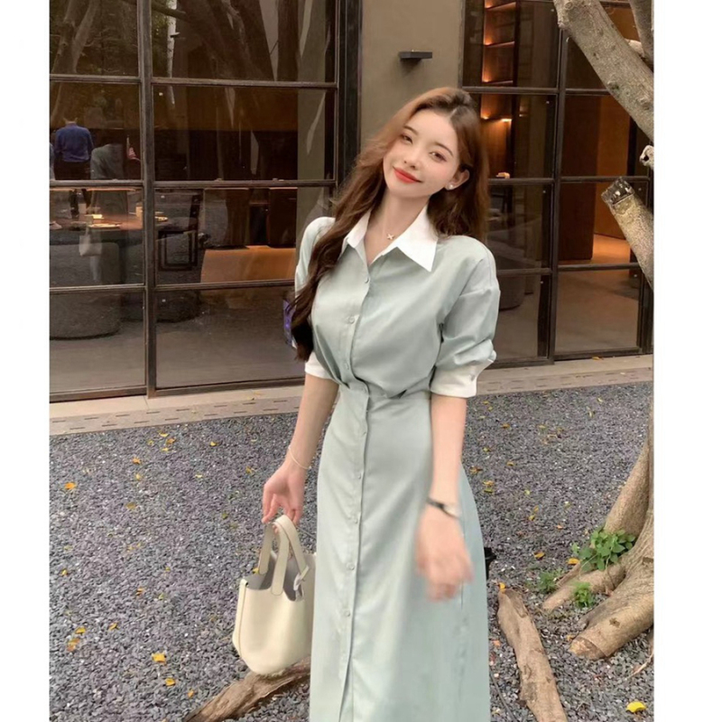 Summer new women's tea break five-quarter sleeve temperament simple design sense waist slimming shirt dress