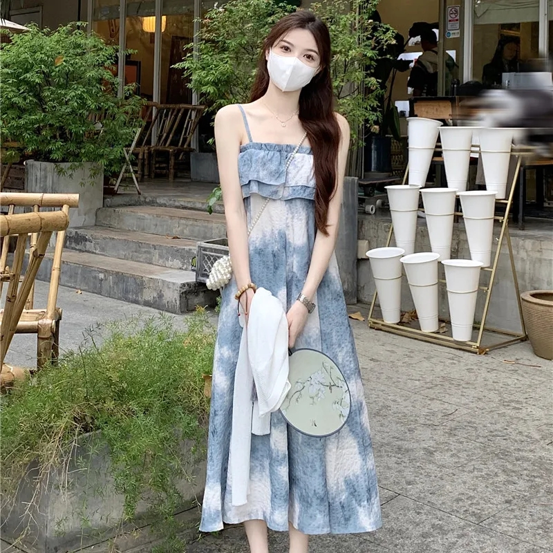 Retro ink smudged suspender long skirt women's summer gentle wind high-end temperament one-shoulder tube top dress