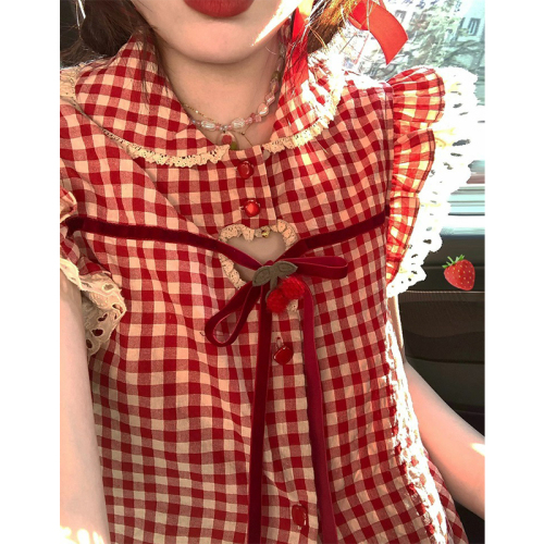 Real price official picture sweet doll collar plaid shirt female summer French sleeveless lace tie shirt female