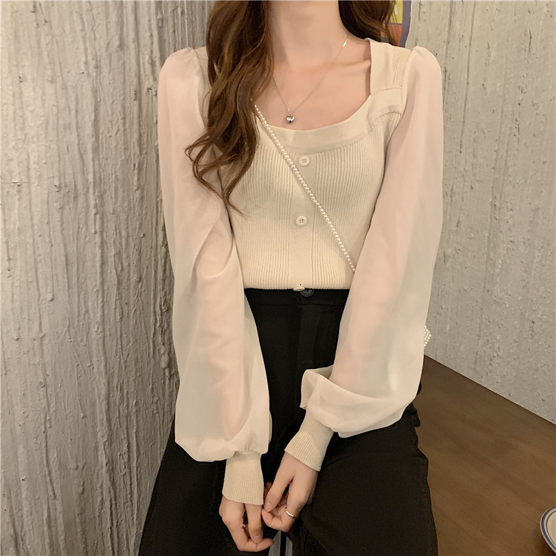 Spring and autumn 2023 new short square collar long-sleeved icy silk gentle wind knitted top female design sense