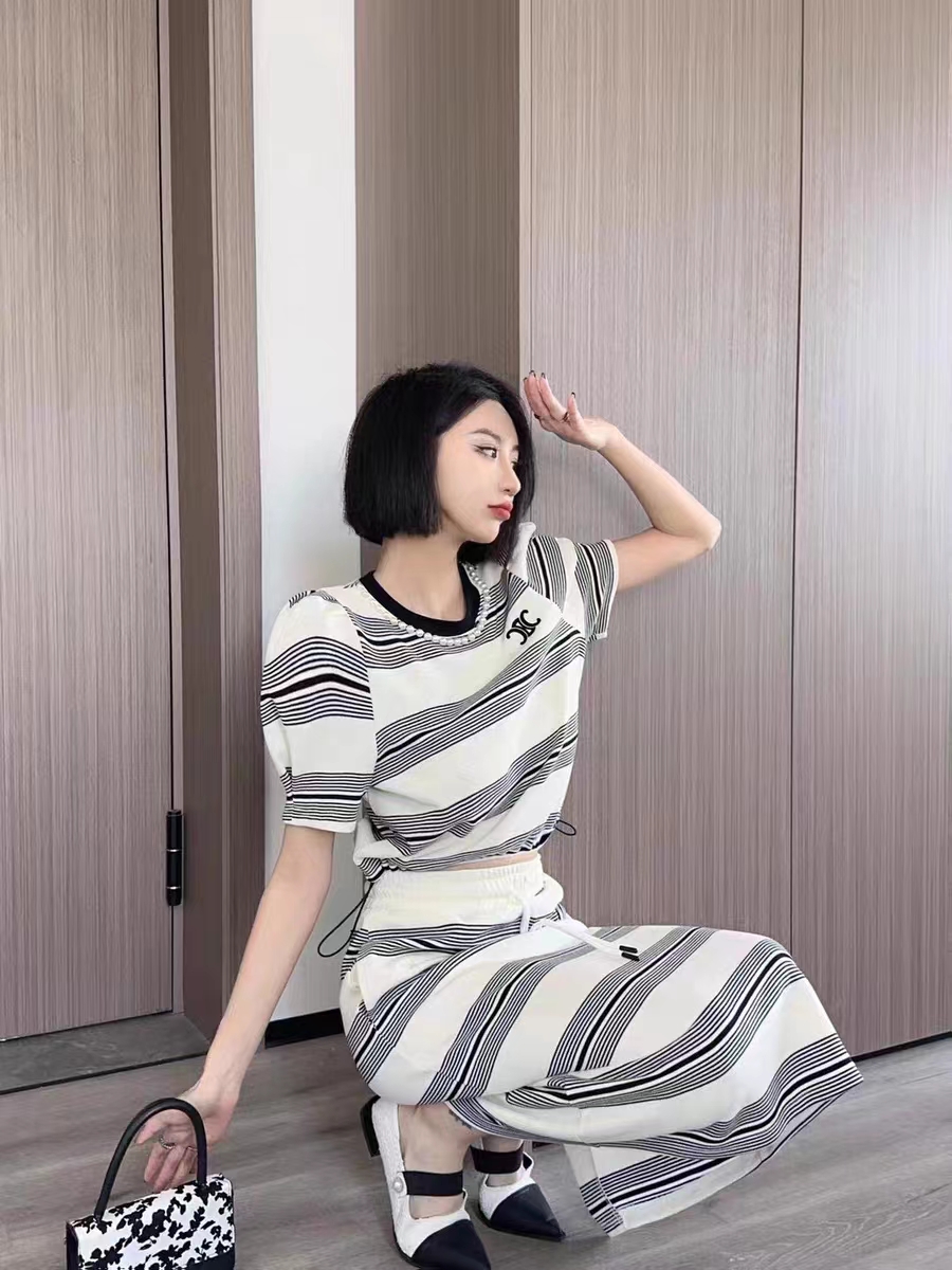 European goods 2023 summer new pearl round neck bubble short-sleeved short striped T-shirt + long skirt suit
