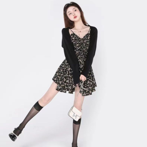 YOUZIQI Grapefruit Qi black floral dress female irregular tea break skirt short skirt hot girl waist suspender skirt
