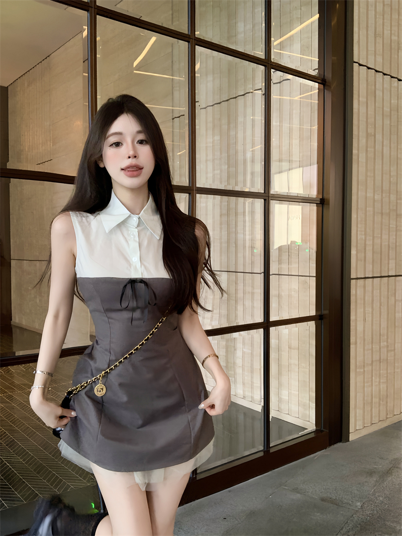 Real shot real price The first generation school flower temperament hot girl POLO shirt stitching waist dress
