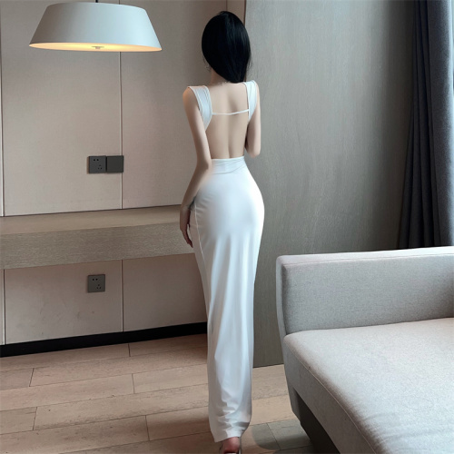Real shot European and American slit temperament kink long skirt sexy v-neck low-cut backless hot girl white dress dress