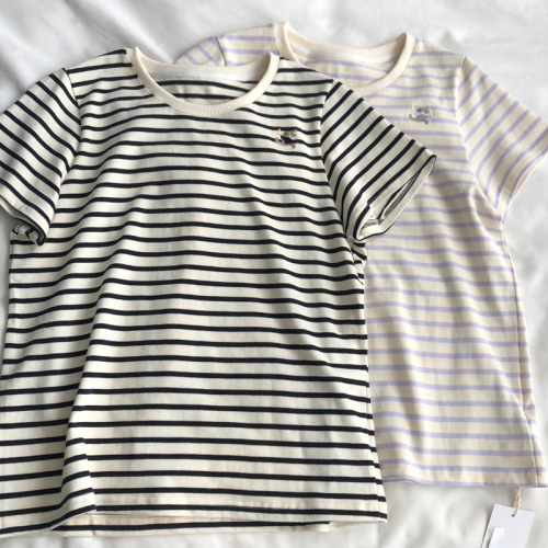 Real price 200g pure cotton back bag combed tight new short-sleeved t-shirt women's stripes + embroidery
