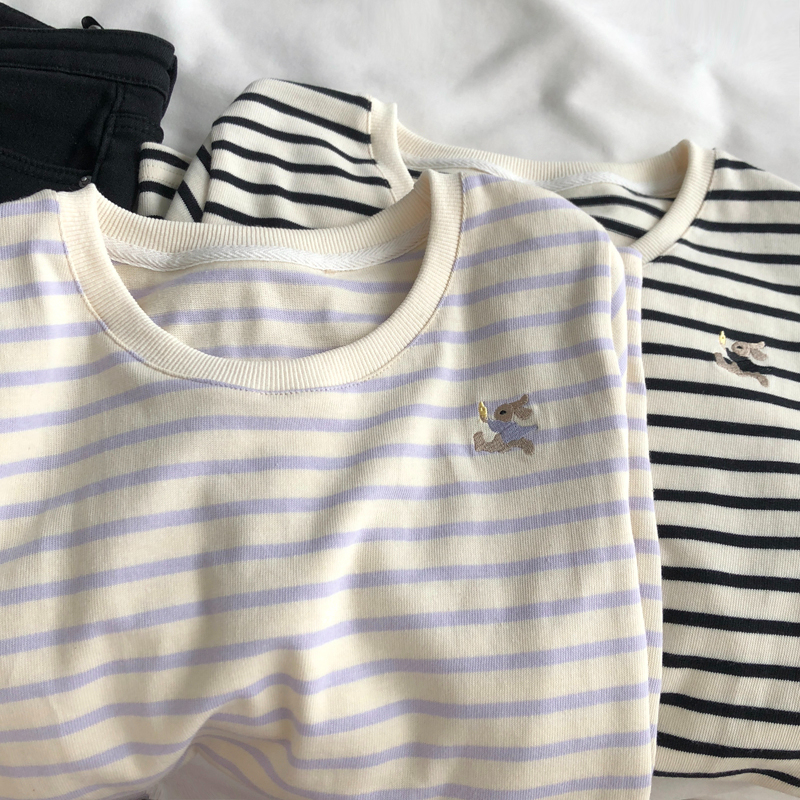 Real price 200g pure cotton back bag combed tight new short-sleeved t-shirt women's stripes + embroidery