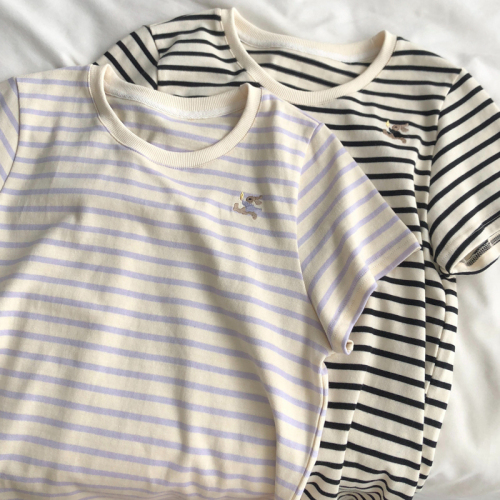 Real price 200g pure cotton back bag combed tight new short-sleeved t-shirt women's stripes + embroidery