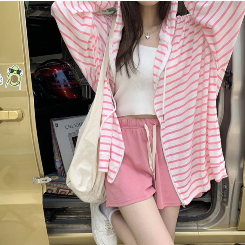 Striped hooded sunscreen cardigan women's summer thin section long-sleeved air-conditioning top breathable sunscreen clothing