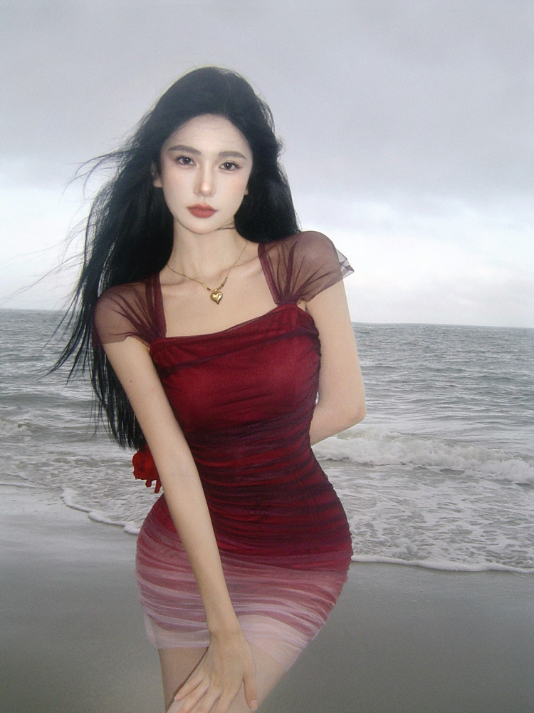 Real price hot girl gradient color mesh bag hip strap dress