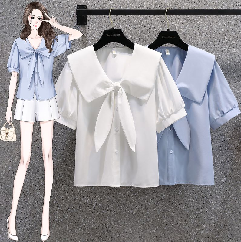 Real shot doll collar shirt design niche shirt fat MM French chic bow top M-4XL200 catties