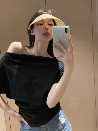 Real shot real price one-word collar strapless short-sleeved lazy shoulder T-shirt women's summer design sense pleated waist top