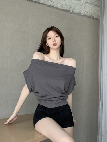 Real shot real price one-word collar strapless short-sleeved lazy shoulder T-shirt women's summer design sense pleated waist top