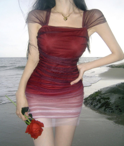 Real price hot girl gradient color mesh bag hip strap dress