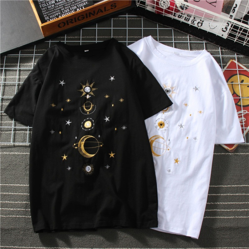 40 pcs 95% cotton embroidered king fried planet series short-sleeved t-shirt women's summer new Korean version loose top