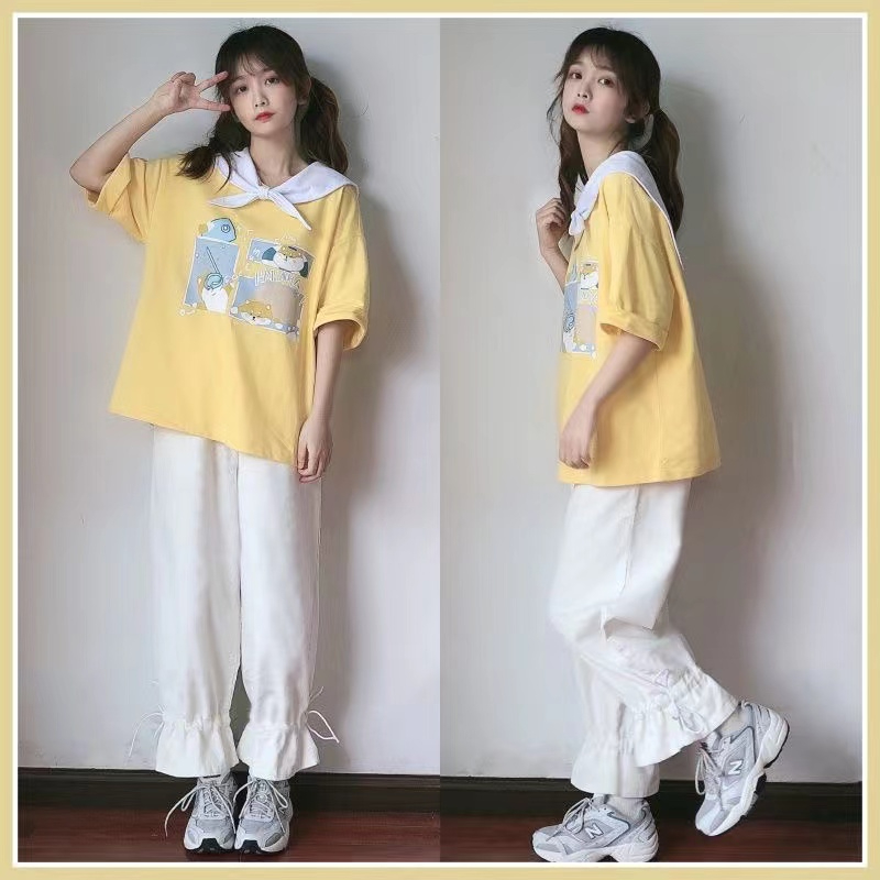 Summer Japanese suit girl student cute Korean version loose small fresh short-sleeved T-shirt + lantern wide-leg pants two-piece set