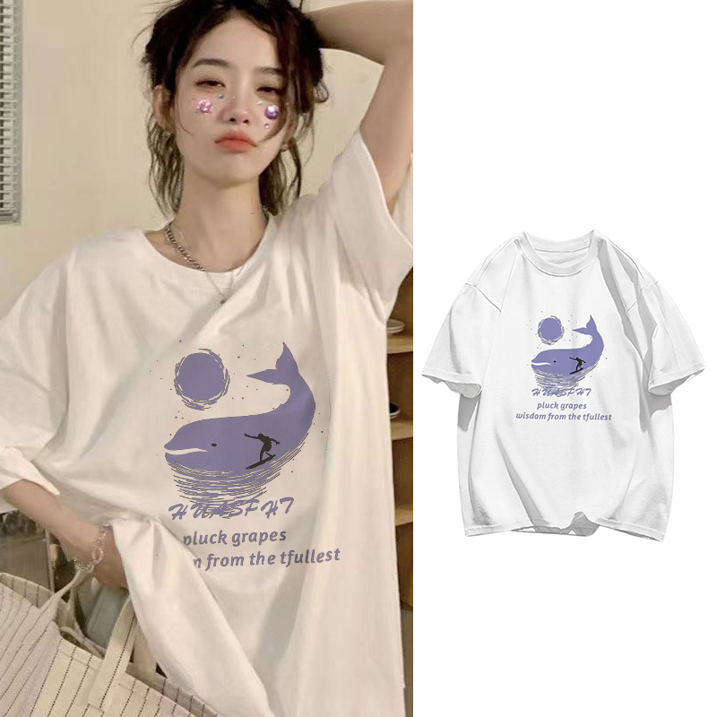 Real price pure cotton wrap collar 2023 summer new 200g pure cotton shoulder strip loose print short-sleeved t-shirt