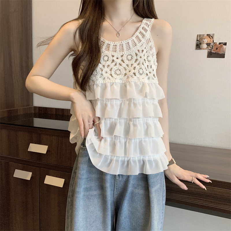 Lace hook flower round neck sleeveless cake vest female 2023 summer Korean version sweet white short camisole