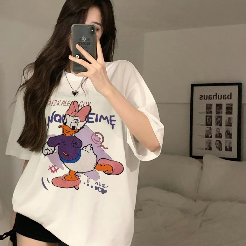 Real price pure cotton wrap collar 2023 summer new 200g pure cotton shoulder strip loose print short-sleeved t-shirt