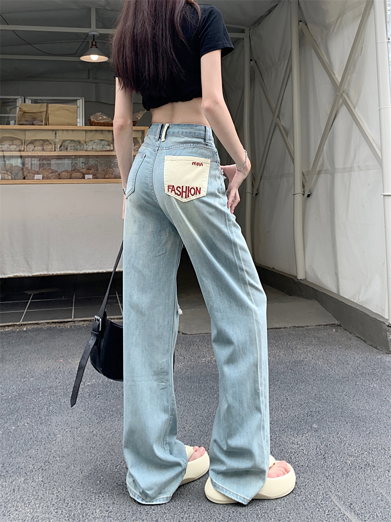 Real shot narrow version wide-leg jeans women's ripped summer 2023 new high-waist drape feeling thin and small straight-leg pants