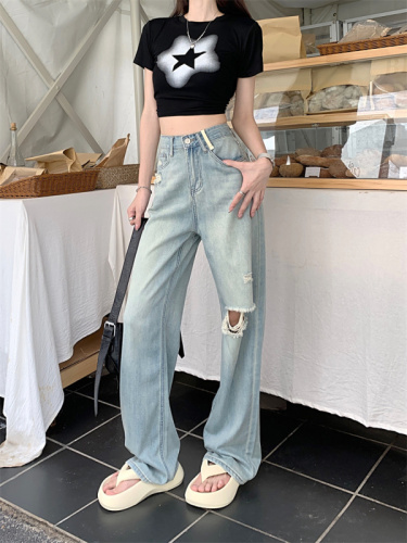 Real shot narrow version wide-leg jeans women's ripped summer  new high-waist drape feeling thin and small straight-leg pants