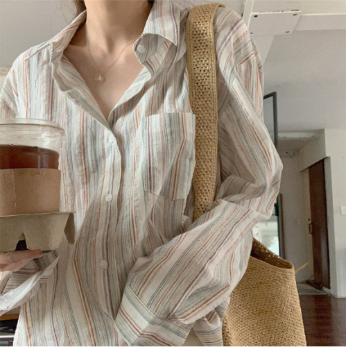 HEEHEY Korean version retro temperament color pinstripe shirt 100% cotton stand collar loose lazy breathable sun protection