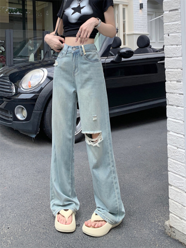 Real shot narrow version wide-leg jeans women's ripped summer  new high-waist drape feeling thin and small straight-leg pants