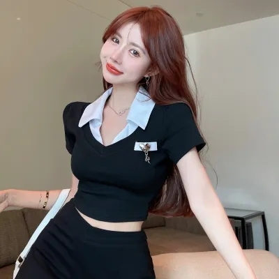Sweet hot girl contrasting color lapel short-sleeved T-shirt summer 2023 new slim fit and versatile short top