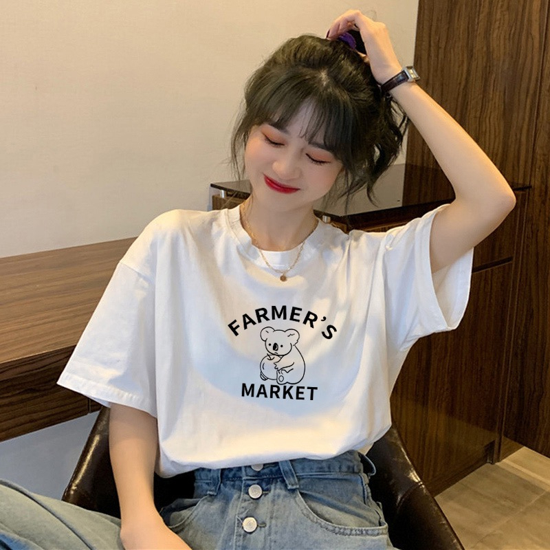 Real price pure cotton wrap collar 2023 summer new 200g pure cotton shoulder strip loose print short-sleeved t-shirt