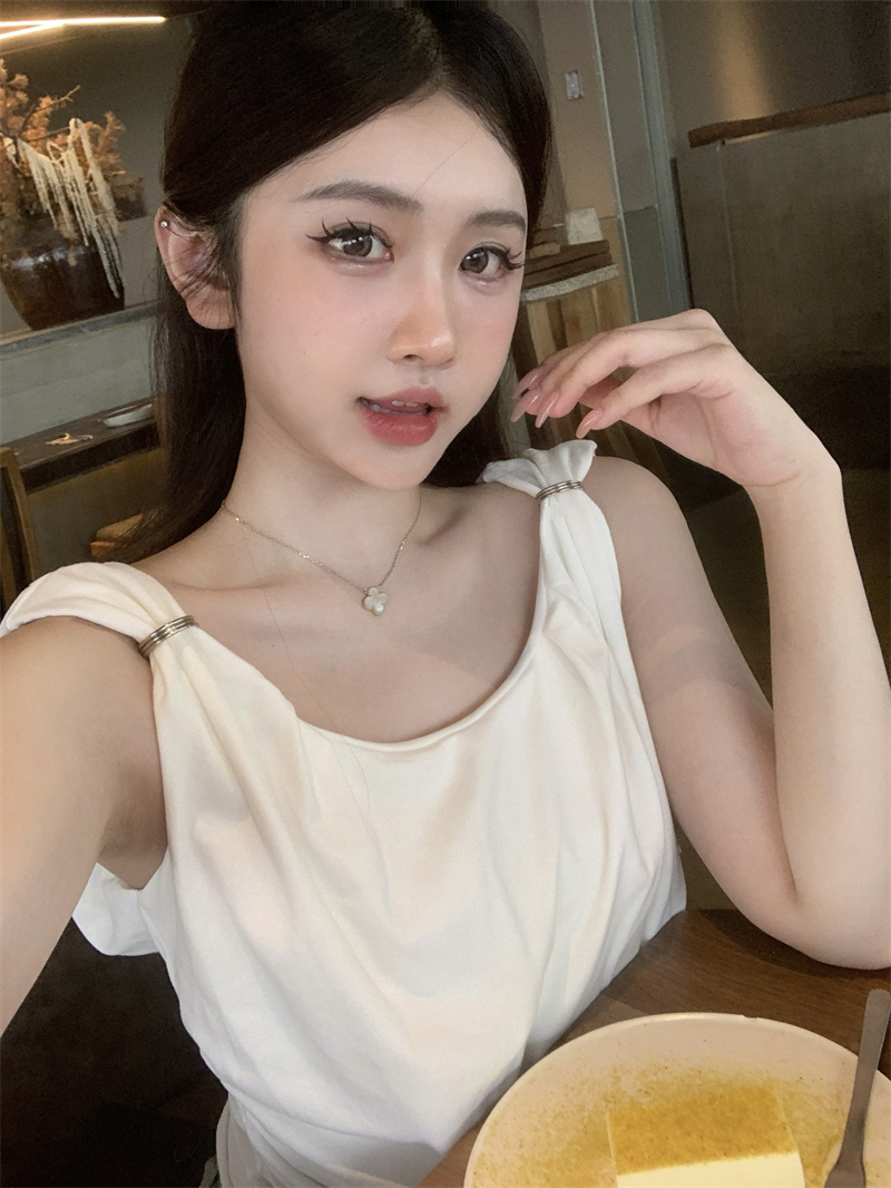 Real price real price metal ring two-wear sleeves shirring t-shirt female gentle temperament thin design sense niche top