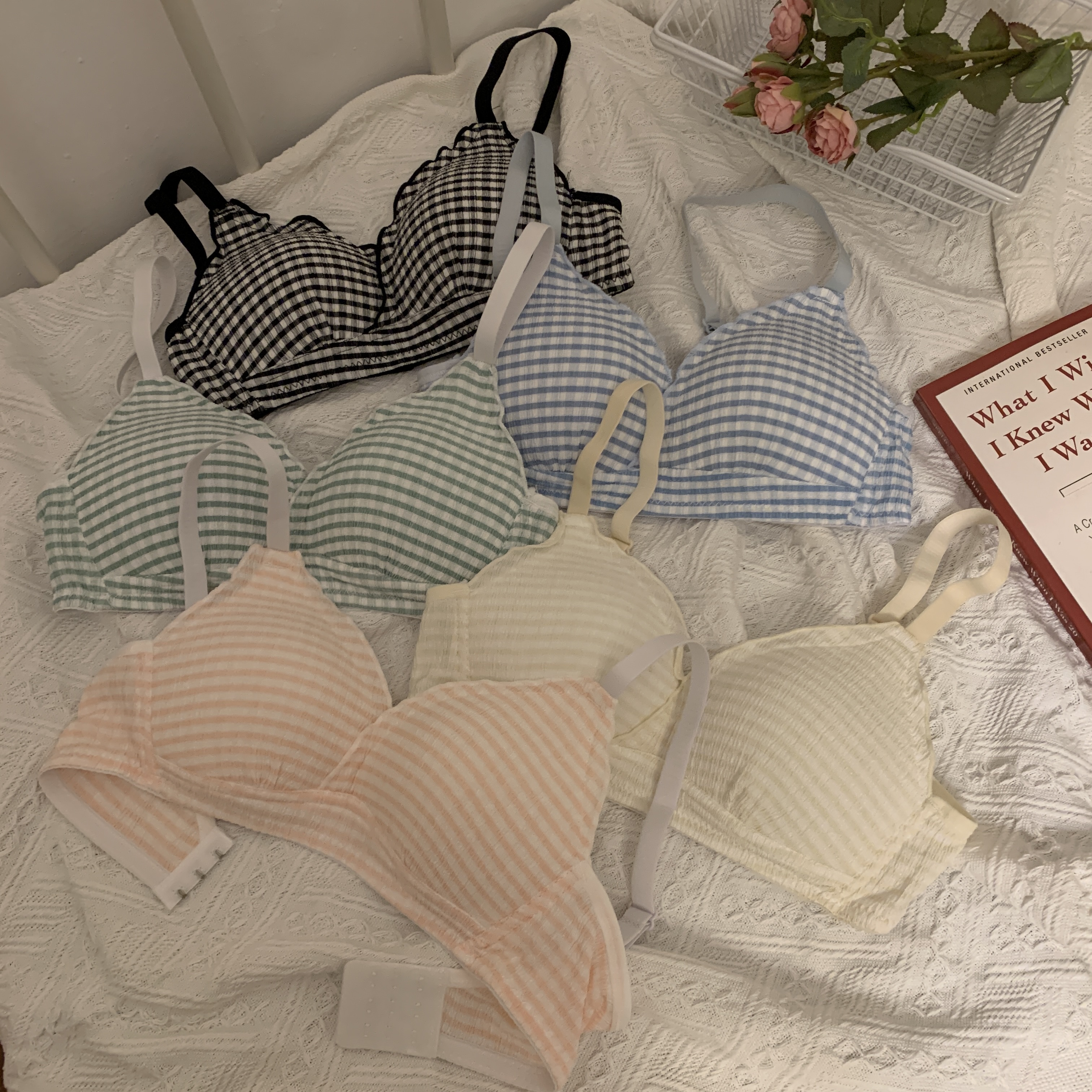 Real price real price striped sweet bra without rims gathered bra with side milk anti-sagging underwear women