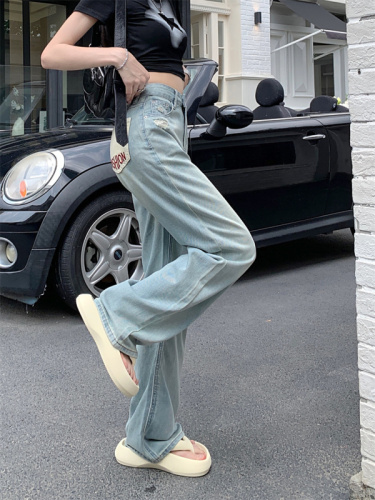 Real shot narrow version wide-leg jeans women's ripped summer  new high-waist drape feeling thin and small straight-leg pants